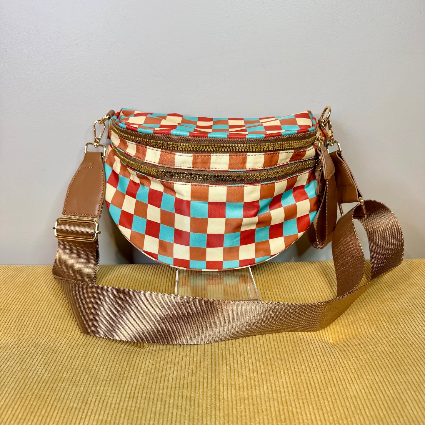 The Roni Nylon Crossbody - Camel Aqua Checker