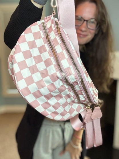 The Roni Nylon Crossbody - Checkered Medium Pink