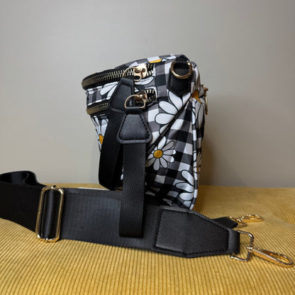 The Roni Nylon Crossbody - Black Gingham Daisy Floral