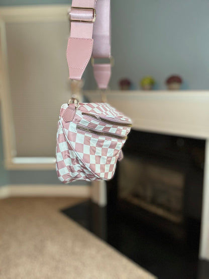 The Roni Nylon Crossbody - Checkered Medium Pink